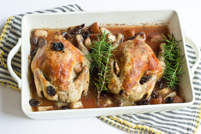 Impress your dinner guests with an elevated entree: roasted Cornish hens. The pears and tart cherries will bring a sweet, fruity flavor to this satisfying dish.