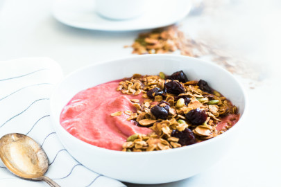 Perhaps you’re used to drinking a smoothie in a glass, but smoothie bowls are where it’s at if you ask us. The bowl presentation allows loading up with toppings, versus the traditional glass. Try cherry granola, chopped nuts, banana slices, berries, shredded coconut, chia seeds, bee pollen – you name it! Happy breakfasting — we’d love to hear if you give it a try.