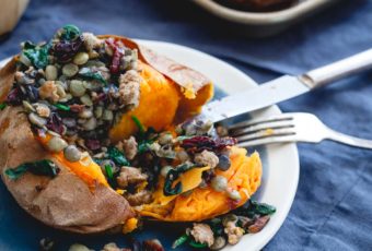 Tart Cherry Lentil Turkey Sausage Stuffed Sweet Potatoes